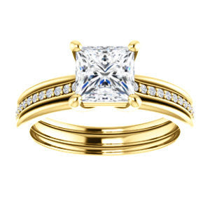 CZ Wedding Set, featuring The Rikki engagement ring (Customizable Princess Cut Design with Double-Grooved Pavé Band)
