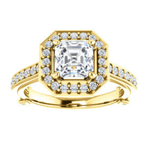 Cubic Zirconia Engagement Ring- The Sally (Customizable Halo-Asscher Cut Design with Round Side Knuckle and Pavé Band Accents)