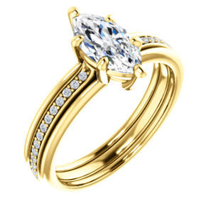 CZ Wedding Set, featuring The Rikki engagement ring (Customizable Marquise Cut Design with Double-Grooved Pavé Band)