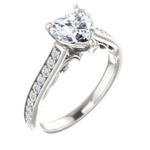 Cubic Zirconia Engagement Ring- The Jamiyah (Customizable Heart Cut Design with Decorative Trellis Engraving and Pavé Band)