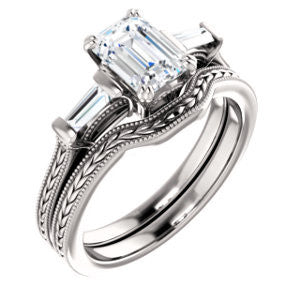 Cubic Zirconia Engagement Ring- The Kimiko (Customizable 3-stone Radiant Cut Design with Baguette Accents and Thin Wheat-Filigree Band)