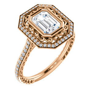 Cubic Zirconia Engagement Ring- The Sydney Ava (Customizable Cathedral-Bezel Emerald Cut Filigreed Design with Halo & Pavé Accents)