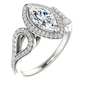 Cubic Zirconia Engagement Ring- The Roya (Customizable Cathedral-Halo Marquise Cut Design with Wide Ribbon-inspired Split-Pavé Band)