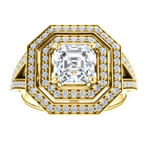 Cubic Zirconia Engagement Ring- The Miriam (Double Halo Ultra-Wide Split Pavé Band with Customizable Asscher Cut Center)