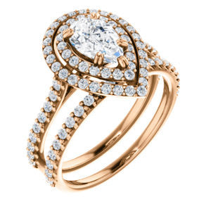 CZ Wedding Set, featuring The Alexandra engagement ring (Customizable Pear Cut Double Halo Center with U-Pave and Pavé  Band)