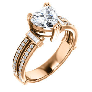 Cubic Zirconia Engagement Ring- The Kaitlyn (Customizable Heart Cut with Flanking Baguettes And Round Channel Accents)
