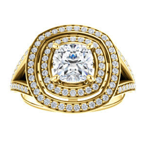 Cubic Zirconia Engagement Ring- The Miriam (Double Halo Ultra-Wide Split Pavé Band with Customizable Cushion Cut Center)