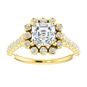 Cubic Zirconia Engagement Ring- The Maritere (Customizable Asscher Cut style with Round-Bezel Floral Halo and Accented Band)