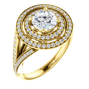 Cubic Zirconia Engagement Ring- The Miriam (Double Halo Ultra-Wide Split Pavé Band with Customizable Round Cut Center)