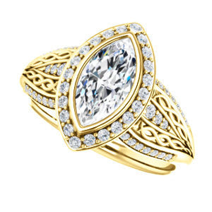 Cubic Zirconia Engagement Ring- The Tisha (Customizable Bezel-Halo Marquise Cut Design with Wide Filigree & Accent Band)