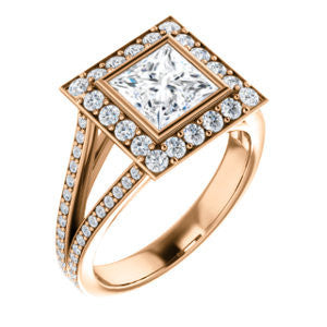 Cubic Zirconia Engagement Ring- The Maricela (Customizable Bezel-Halo Princess Cut Ring with Wide Tapered Pavé Split Band & Decorative Trellis)