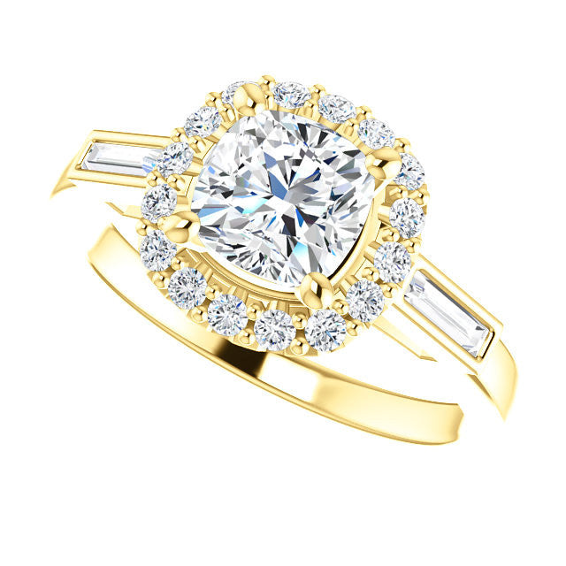 Cubic Zirconia Engagement Ring- The Azariah (Customizable Cathedral Cushion Cut Design with Halo and Straight Baguettes)