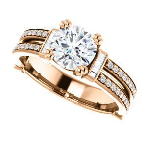 Cubic Zirconia Engagement Ring- The Kaitlyn (Customizable Round Cut with Flanking Baguettes And Round Channel Accents)