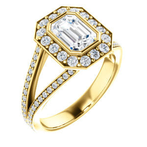 Cubic Zirconia Engagement Ring- The Maricela (Customizable Bezel-Halo Radiant Cut Ring with Wide Tapered Pavé Split Band & Decorative Trellis)
