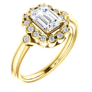 Cubic Zirconia Engagement Ring- The Raleigh (Customizable Emerald Cut Design with Clustered Halo and Round Bezel Accents)