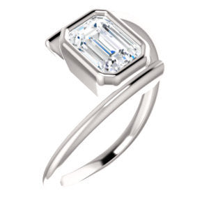Cubic Zirconia Engagement Ring- The Lacy Michelle (Customizable Bezel-set Emerald Cut Solitaire with Thin, Twisting-Bypass Asymmetrical Band)