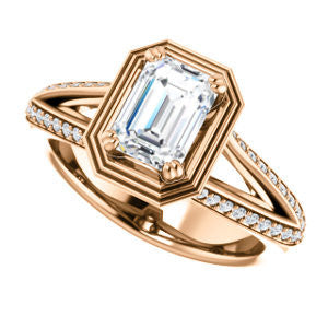 CZ Wedding Set, featuring The Reina engagement ring (Customizable Ridged-Bevel Surrounded Emerald Cut with 3-sided Split-Pavé Band)