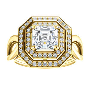 Cubic Zirconia Engagement Ring- The Magda Lesli (Customizable Double-Halo Style Asscher Cut with Curving Split Band)