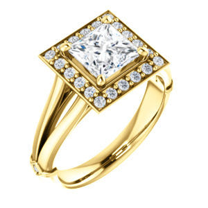 Cubic Zirconia Engagement Ring- The Madison Taylor (Customizable Princess Cut Halo Design with Split Band and Dual Round Side-Knuckle Accents)