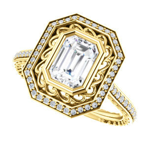 Cubic Zirconia Engagement Ring- The Sydney Ava (Customizable Cathedral-Bezel Emerald Cut Filigreed Design with Halo & Pavé Accents)