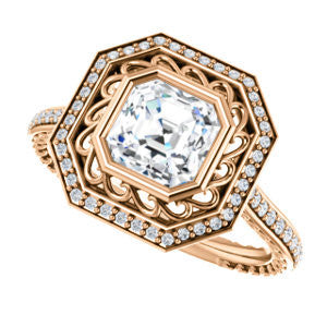 Cubic Zirconia Engagement Ring- The Sydney Ava (Customizable Cathedral-Bezel Asscher Cut Filigreed Design with Halo & Pavé Accents)