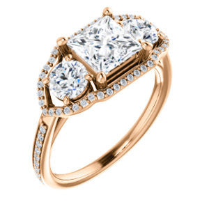 Cubic Zirconia Engagement Ring- The Lizabeth (Customizable Princess Cut Enhanced 3-stone Style with Tri-Halos & Thin Pavé Band)