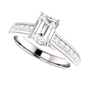 Cubic Zirconia Engagement Ring- The Rhea (Customizable Cathedral-raised Emerald Cut Design with Princess Channel Band and Kite-set Princess Peekaboo Accents)