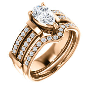 CZ Wedding Set, featuring The Rachana engagement ring (Customizable Pear Cut Design with Wide Split-Pavé Band and Euro Shank)