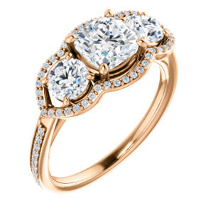 Cubic Zirconia Engagement Ring- The Lizabeth (Customizable Cushion Cut Enhanced 3-stone Style with Tri-Halos & Thin Pavé Band)