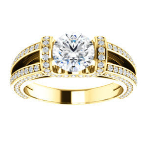 Cubic Zirconia Engagement Ring- The Scarlett (Round Cut with Prong-Accented Bar Basket and Split Pavé Band)