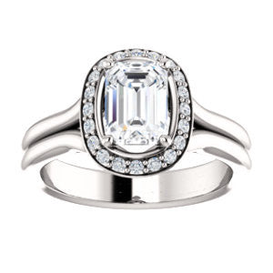 Cubic Zirconia Engagement Ring- The Bebi (Customizable Cathedral-Halo Emerald Cut Design with Wide Split Band)