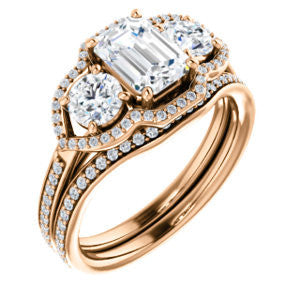 CZ Wedding Set, featuring The Lizabeth engagement ring (Customizable Emerald Cut Enhanced 3-stone Style with Tri-Halos & Thin Pavé Band)