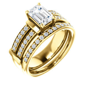 CZ Wedding Set, featuring The Rachana engagement ring (Customizable Emerald Cut Design with Wide Split-Pavé Band and Euro Shank)
