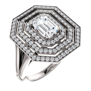 Cubic Zirconia Engagement Ring- The Roza (Customizable Triple-Halo Emerald Cut Design with Split Band and Knuckle Accents)