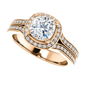 Cubic Zirconia Engagement Ring- The Mia Sofía (Customizable Cathedral-Halo Cushion Cut Style with Wide Split-Pavé Band)