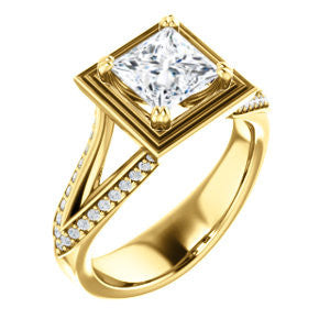 Cubic Zirconia Engagement Ring- The Reina (Customizable Ridged-Bevel Surrounded Princess Cut with 3-sided Split-Pavé Band)