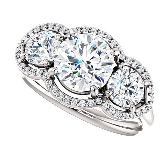 Cubic Zirconia Engagement Ring- The Camila (Customizable Round Cut Enhanced 3-stone Design with Halos)