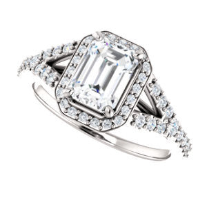 Cubic Zirconia Engagement Ring- The Mayte (Customizable Halo-Style Emerald Cut Design with Split-Pavé Band)