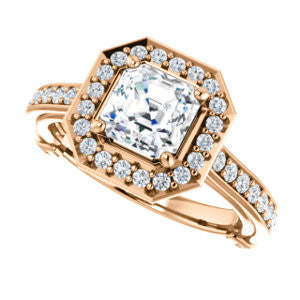 CZ Wedding Set, featuring The Sally engagement ring (Customizable Halo-Asscher Cut Design with Round Side Knuckle and Pavé Band Accents)