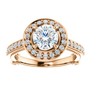 Cubic Zirconia Engagement Ring- The Sally (Customizable Halo-Round Cut Design with Round Side Knuckle and Pavé Band Accents)