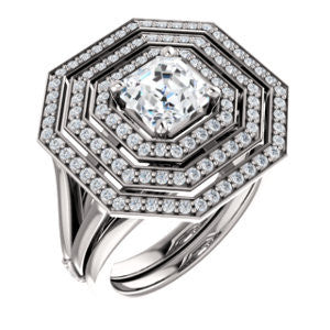 Cubic Zirconia Engagement Ring- The Roza (Customizable Triple-Halo Asscher Cut Design with Split Band and Knuckle Accents)
