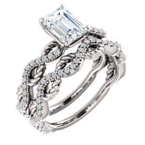 CZ Wedding Set, featuring The Janneth engagement ring (Customizable Emerald Cut Design with Twisting Rope-Pavé Split Band)