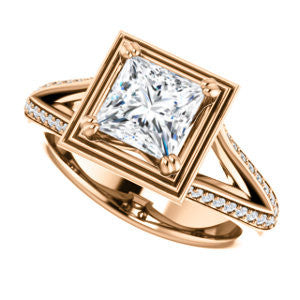 Cubic Zirconia Engagement Ring- The Reina (Customizable Ridged-Bevel Surrounded Princess Cut with 3-sided Split-Pavé Band)