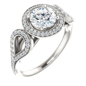 Cubic Zirconia Engagement Ring- The Roya (Customizable Cathedral-Halo Round Cut Design with Wide Ribbon-inspired Split-Pavé Band)