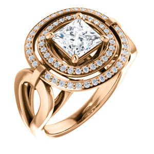 Cubic Zirconia Engagement Ring- The Gayatri (Customizable Cathedral Princess Cut Design with Double Halo and Wide Horseshoe-inspired Split Band)