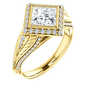 Cubic Zirconia Engagement Ring- The Mary Jane (Customizable Bezel-Halo Princess Cut Design with Wide Filigree & Accent Band)