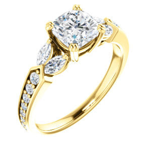 Cubic Zirconia Engagement Ring- The Rosalyn (Customizable Cushion Cut with Marquise Accent Butterflies and Round Channel)
