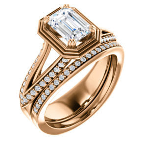 CZ Wedding Set, featuring The Reina engagement ring (Customizable Ridged-Bevel Surrounded Radiant Cut with 3-sided Split-Pavé Band)