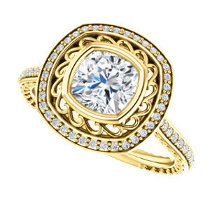 Cubic Zirconia Engagement Ring- The Sydney Ava (Customizable Cathedral-Bezel Cushion Cut Filigreed Design with Halo & Pavé Accents)
