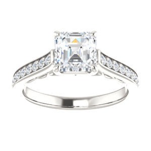 Cubic Zirconia Engagement Ring- The Jamiyah (Customizable Asscher Cut Design with Decorative Trellis Engraving and Pavé Band)